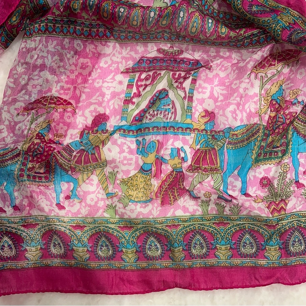 Vintage Silk Scarf Elephants Horses Paisley Pink Made India 18” X 68” Rectangle - Picture 3 of 16